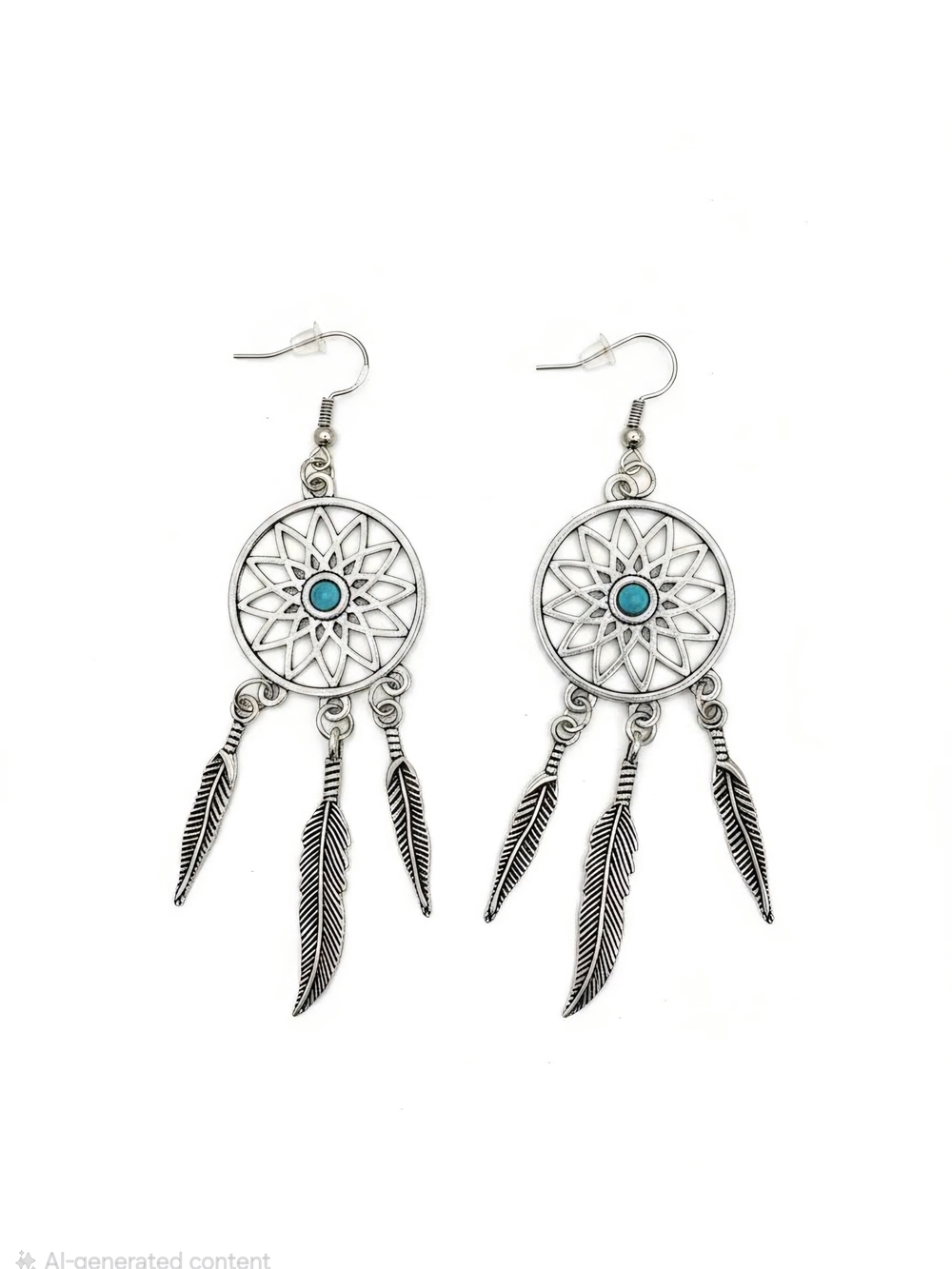 Silver Costume Jewelry Dreamcatcher Dangle Earrings with Turquoise Accent